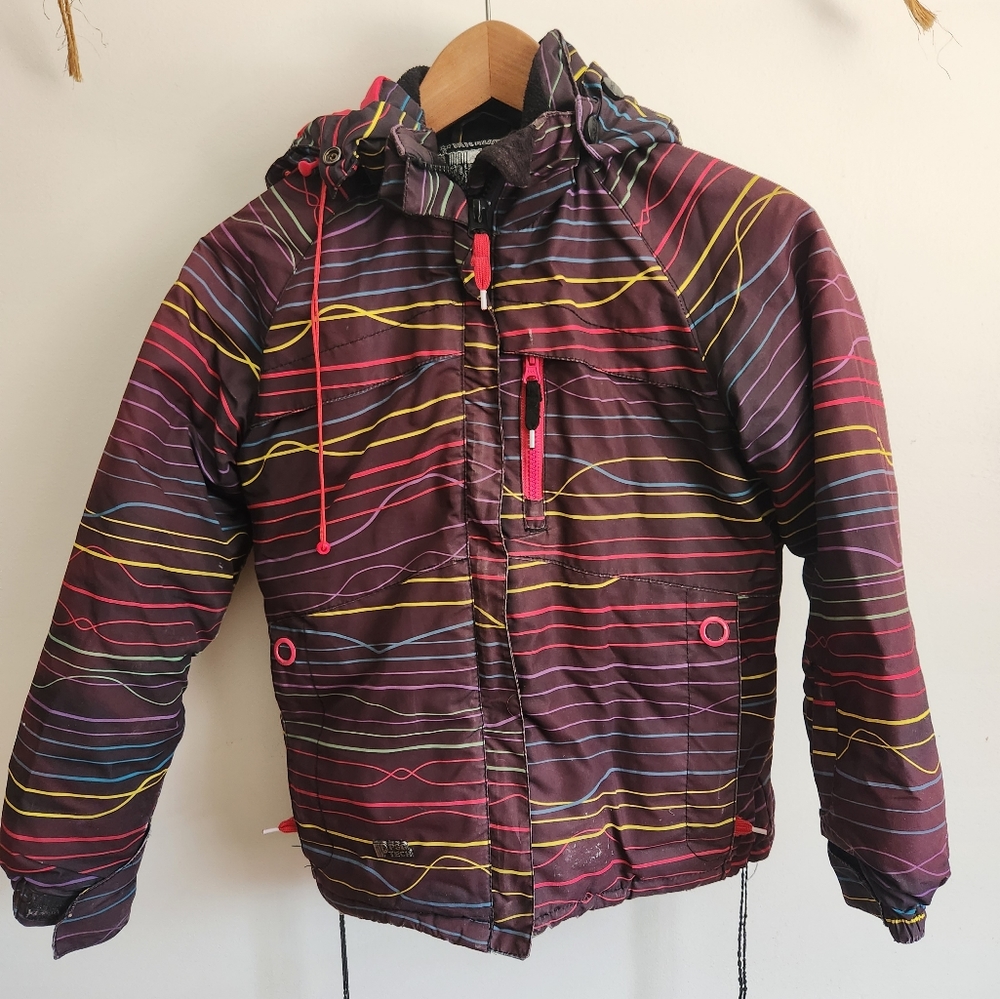 Girls puffer coat with hood, deep purple with stripes